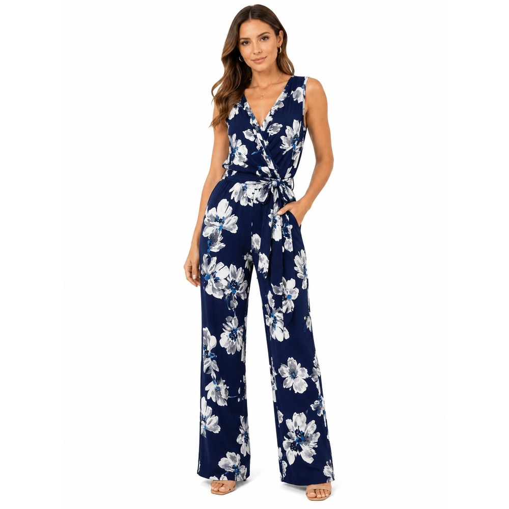 Venus Floral Wide Leg Jumpsuit‎ Women XS Navy Blue Boho Casual Classic